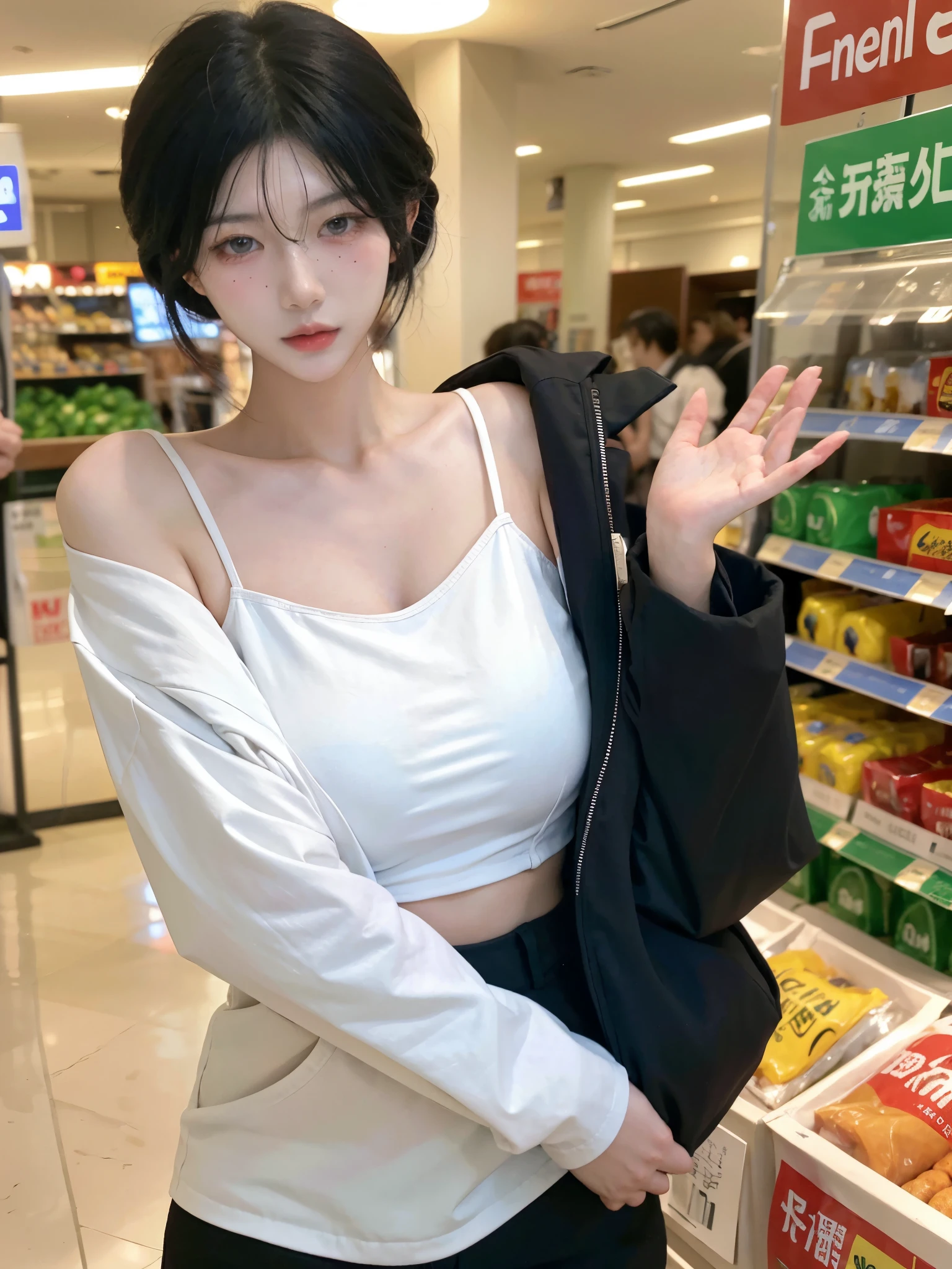 Beautiful woman with perfect figure:1.4、Supermarket background，、Big breasts big breasts，Touching butt with both hands、Layered Hairstyle、Fair skin、Cleavage highlights、Pleated Skirt、whole body、The face and skin texture are very fine.、black，Double eyelids、Skin Whitening、White hair
