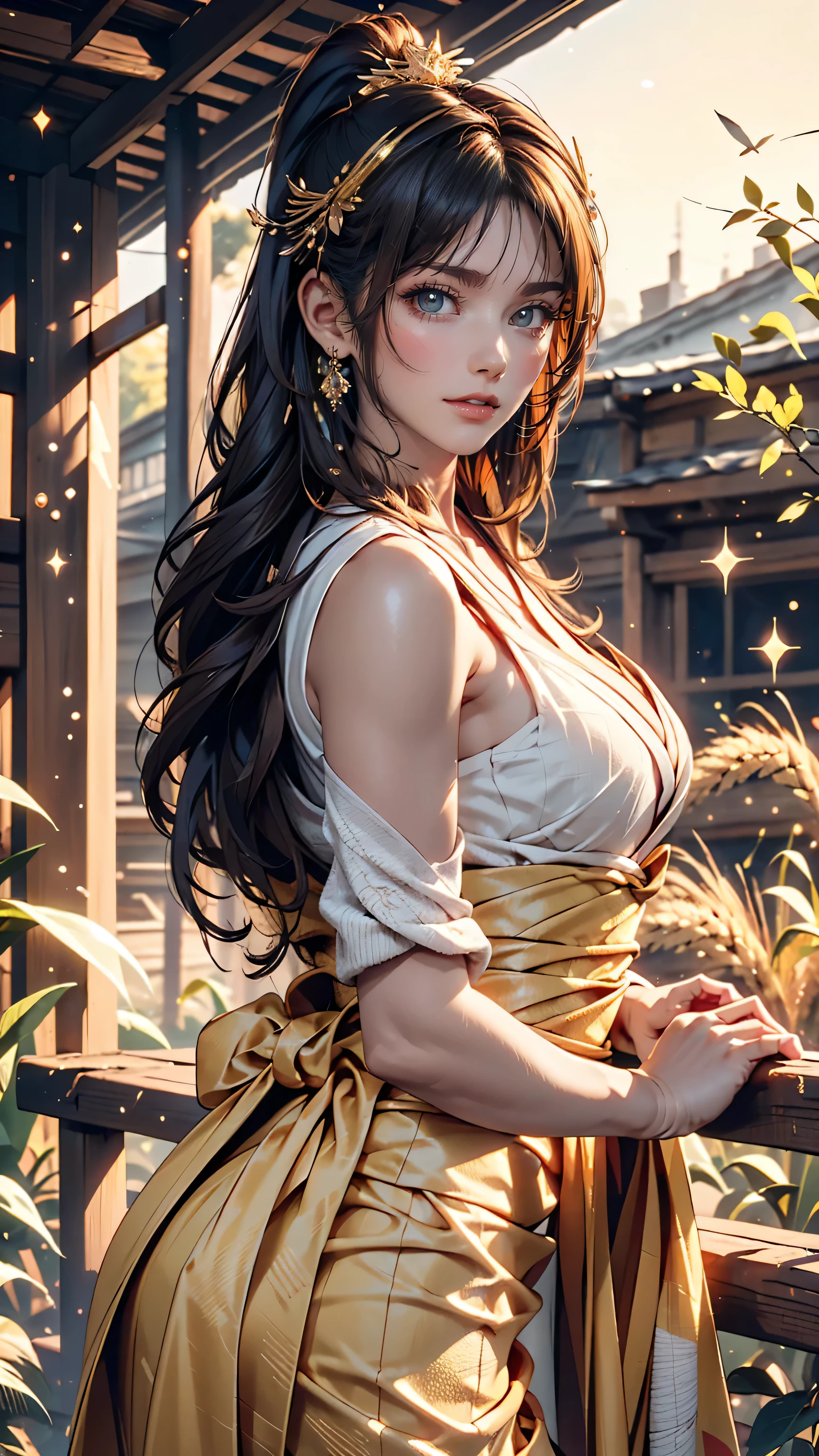 A girl in a kimono stands expressionless in a wheat field up to her waist, Black kimono with gold rimming, her hair is tied in a ponytail, Yellow Eyes, The sunset in her eyes, The light hits her face, Half landscape orientation to the camera、24-year-old female、Sexy proportions、Sexy、Narrow waist、Headpiece((hair ornament))、Cinematic light effects、Sparkle Effect((cinematic lighting, sparkle, 8K))、Anatomically correct((anatomically correct))、Ultra high definition((uhd))、Textured skin((textured skin))、Very detailed((super detail))、High detail((high details))