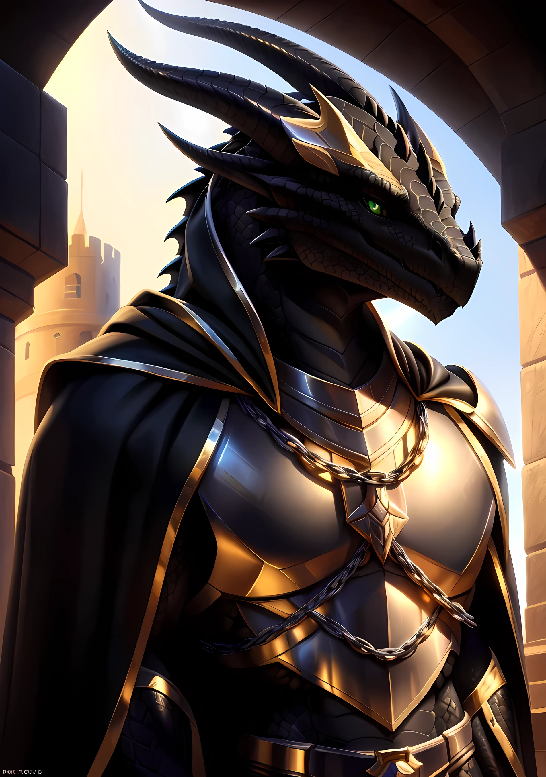 Realistic, detailed, beautiful, masterpiece, HDR, castle interior background, fantasy setting, king, ((gold armor, gold breast plate, full plate armor, chain mail, gold pauldrons, gold greaves, gold leg armor, wearing gold armor, black robes, black cloak, wearing black robes and cloak)) dragon, anthro, male, male body, black skin, (black scales:1.9), (two long thin horns:1.3), green eyes, detailed eyes, perfectly shaped body, confident majestic pose, finger black claws, masculine facial features, seductive gaze, neutral facial expression, black pointed ears, standing tall, out doors, daytime, close-up, portrait, face focus,
(detailed Bonifasko lighting), (detailed scales), (detailed skin), (male dragonborn), BREAK, ((long flowing tail)), ((facing viewer)), (cinematic lighting), ((detailed background)), ((portrait view)), (((close-up))), (good lighting), [backlighting], [crepuscular ray], [detailed ambient light], [gray natural lighting], [ambient light on the belly], (higher wildlife feral detail), [explict content], [sharp focus], (questionable content), (shaded), ((masterpiece)), furry dragonborn, reptilian face, furry Fantasy Art, furry Art, Commission for High Res, anthro Art, POV furry Art,Sakimichan beautiful, masterpiece, best quality, detailed image, bright colors, detailed face, perfect lighting, perfect shadows, perfect eyes, green eyes, flawless face, face focus, (masterpiece:1.21), (best quality:1.2), (illustration:1.2), (cinematic lighting:1.3), detailed scales, balanced coloring, global illumination, ray tracing, good lighting, scales, anthro, well lit 