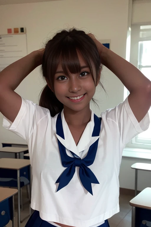 1girl, cute, , smiling, look at viewer, sailor uniform, seifuku, photo, realistic, best quality, hires, detailed face, classroom, detailed background, diffused lighting, depth of field, bokeh, (( dark skin:1.8 )),(((( arms up ))))