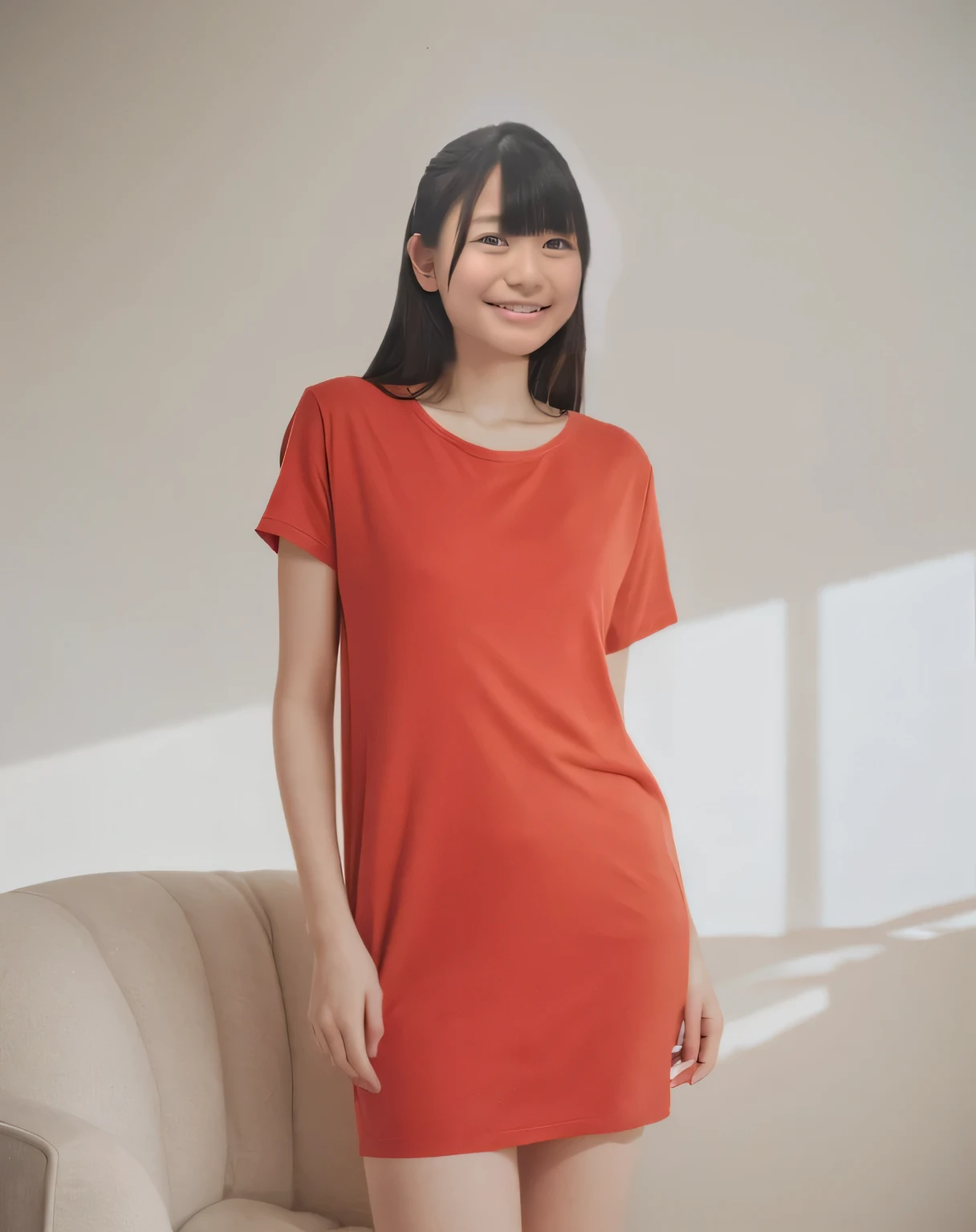 Super detailed,Highest quality,1 female,Standing in a room with white walls, looking at you.,illuminated by sunlight from the window,Posing for a photo,The background is blurred
