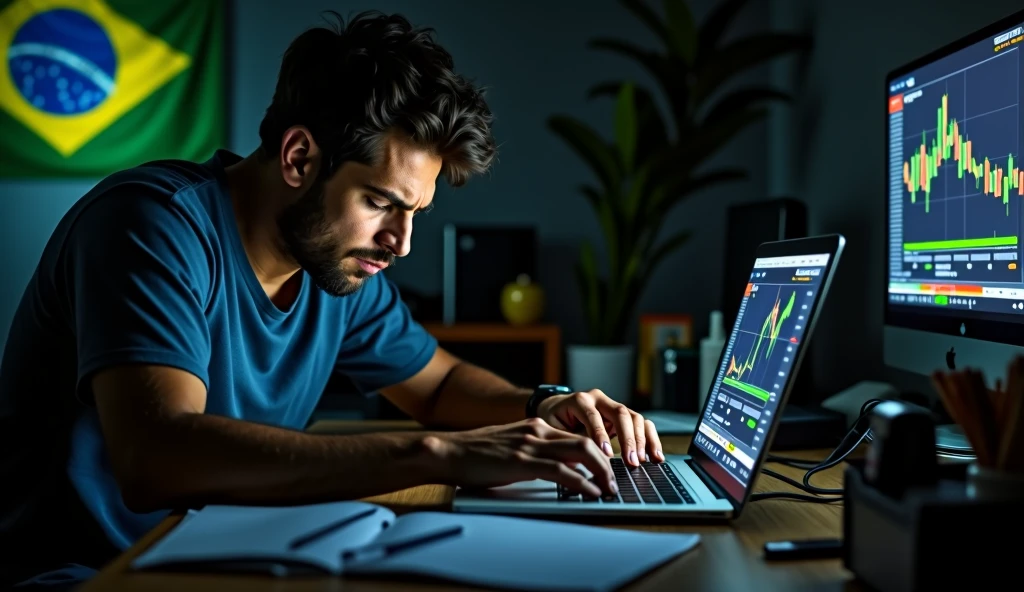 Brazilian man crying sadly looking at Bitcoin on a laptop screen inside a room