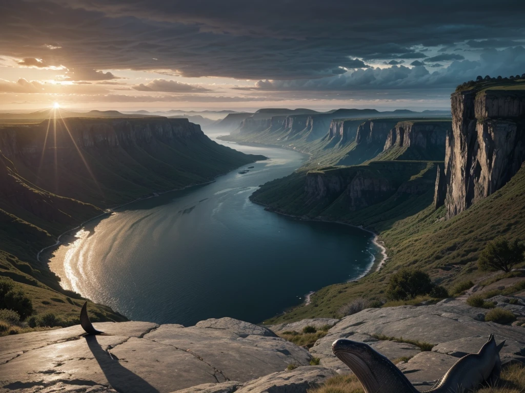 beautiful landscape with large river, reptiles, whales, birds in the sky, dramatic atmosphere and lighting, photorealistic, 8k, ultra-detailed, extremely detailed, intricate details, cinematic, dramatic, moody, epic scale, inspiring, spiritual, biblical,, Landscape based on the biblical text of Genesis 1:20-21