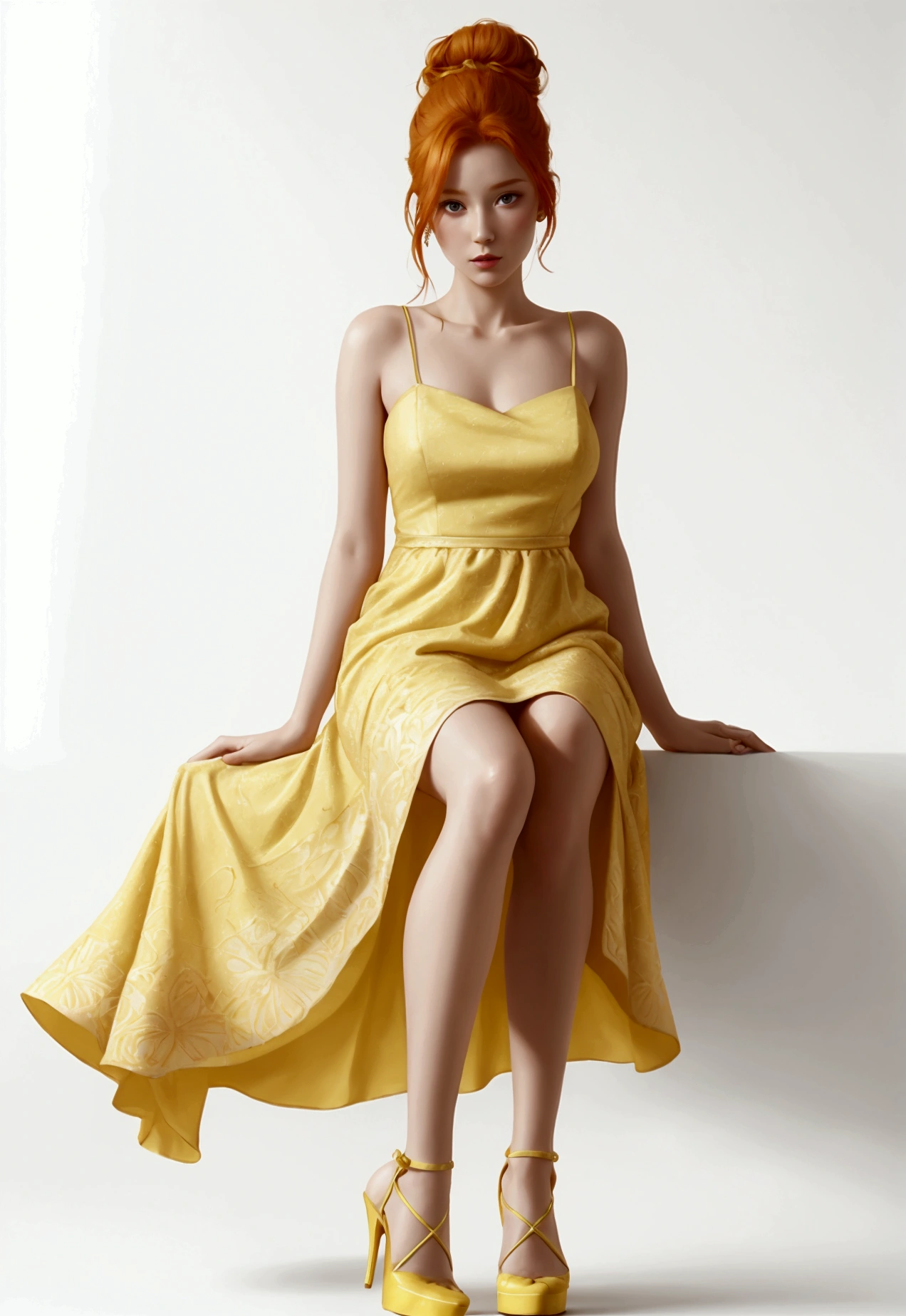 Radiant woman, with captivating ginger hair, bun, messy, adorned in a pastel yellow short dress and high heel shoes, on a completely white background, full-length portrait, digital painting, simple but elegant, high-intensity lighting, rich texture, detailed fabric complexity, ultra clear