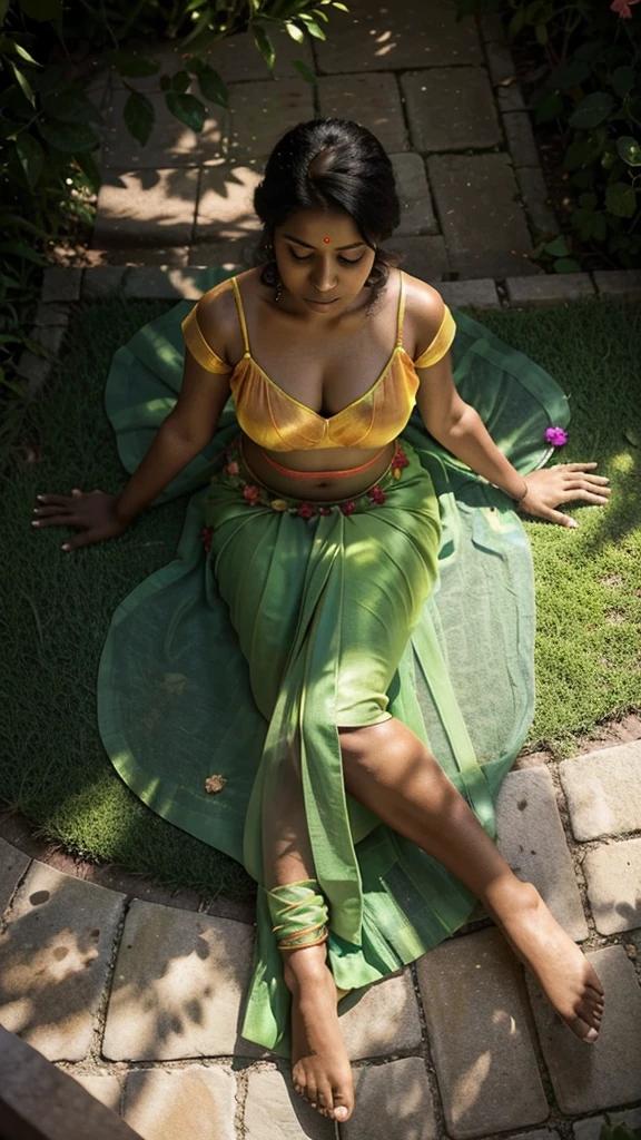 Garden scene, top view, A radiant, South Indian 35 year old aunty a rose chiffon saree, sitting the floor on her knees, a man standing next to her, captured in a full-body image with vibrant hues and meticulous details. Full body image