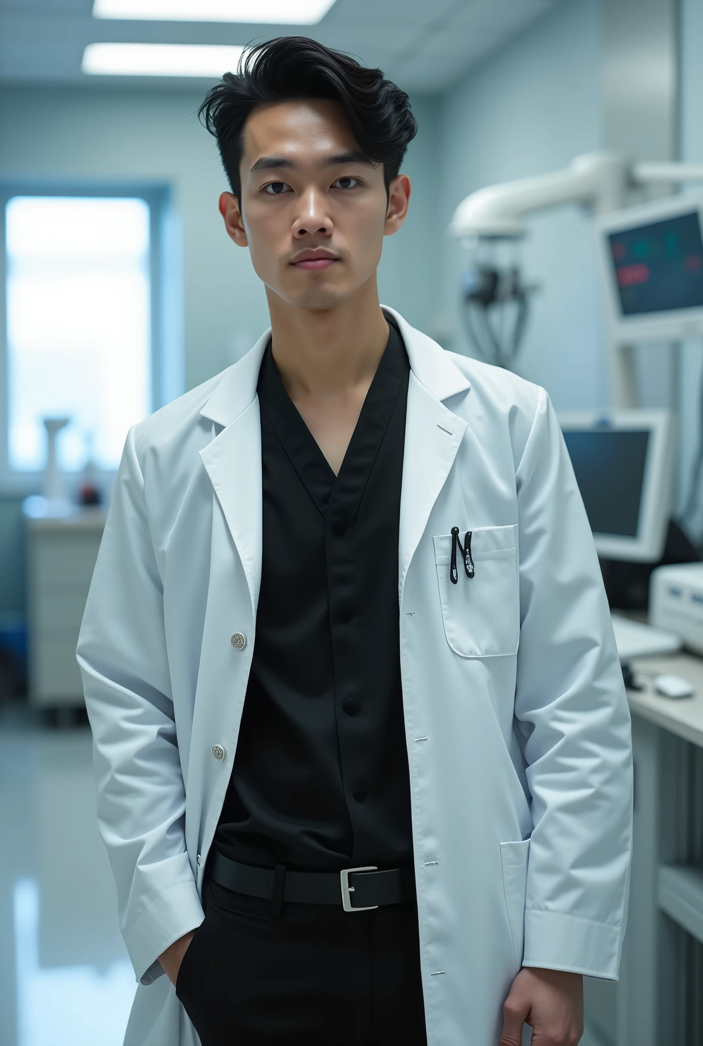 male 25 years old. offwhite. black and wavy hair. Round face, Defined chin and upturned nose. black eyes. Formal black clothes and a doctor's coat.