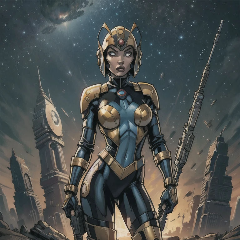 there is a woman holding a gun in front of a spaceship, ruined empire in the background, official character art, zombie of eternal misfortune, Orianna, C-3PO painting, inspired by Sargent Johnson, planet sky in the background, juno promotional image, full helmet