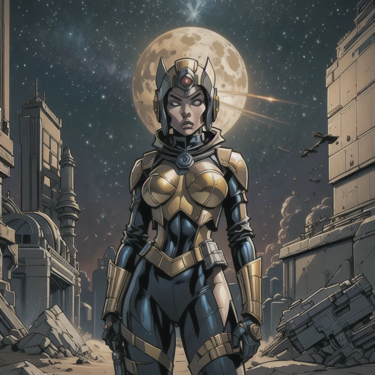 there is a woman holding a gun in front of a spaceship, ruined empire in the background, official character art, zombie of eternal misfortune, Orianna, C-3PO painting, inspired by Sargent Johnson, planet sky in the background, juno promotional image, full helmet