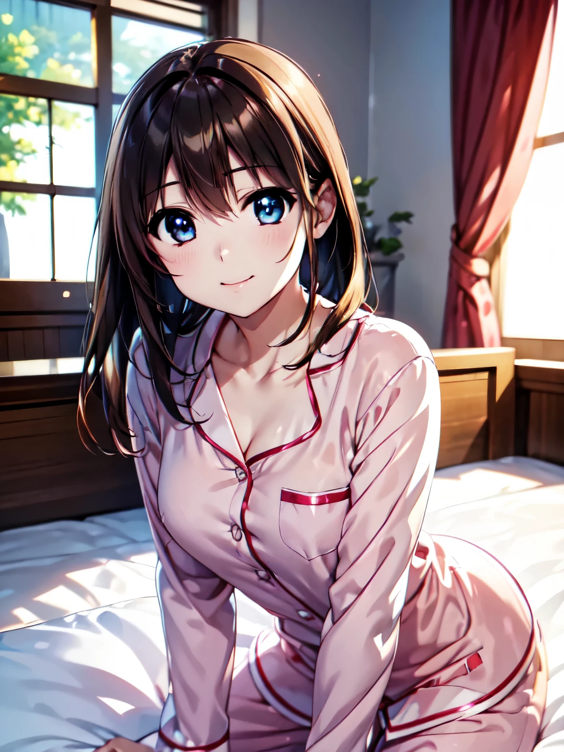 Highest quality、(Anime illustration style),Otome、High resolution、whole body、Bedroom、Bed、Hayate Yagami、Shortcuts、Beautiful brown hair、Beautiful and attractive red eyes、Crosshair Clip、smile、Very detailedな顔、Closed Mouth、smile、Pink pajamas、In light blue pajamas、1 person、Beautiful Eyes, Sharp pupils, Sharp focus, (Very detailed, bloom, Shine)、(Genuine、Realistic、Realistic:1.2)、High resolution、超High resolution、Ultra-fine painting、Cowboy Shot、Leaning forward