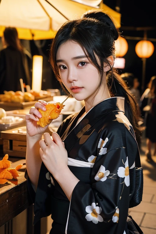 (20 year old beautiful girl),solo, masterpiece, High resolution, High detail, Highest quality, Very detailed, Ultra high definition, Textured skin, , Cinematic light effects, ((realism)), ((Surrealism)),8k octane, ((Natural Makeup)),Portrait Photography, Black Hair,((yukata,festival,Buying and eating,Goldfish scooping)),ponytail, Aperture value F1.8, Daylight,