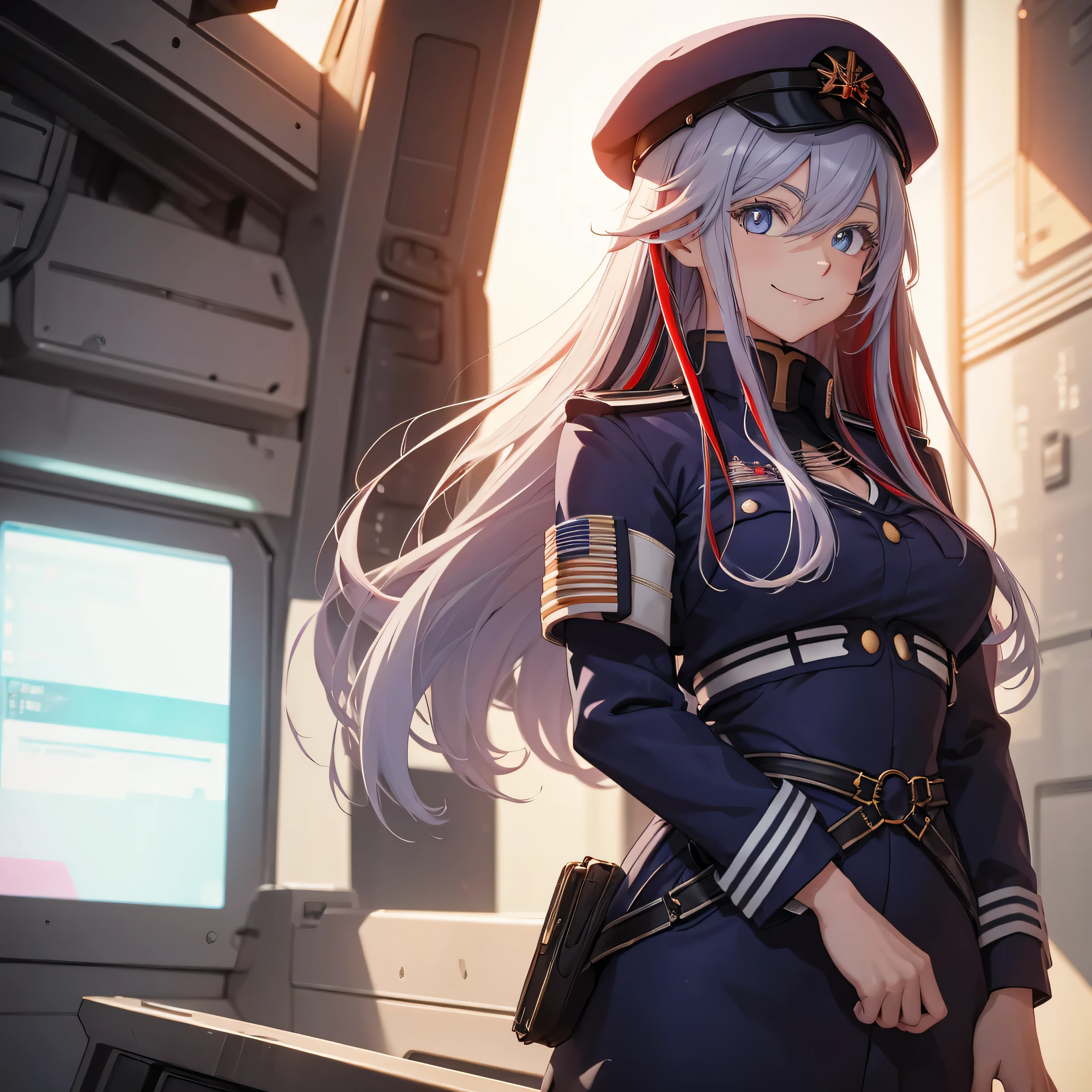 Make a 27-year-old woman smile in a military uniform. The character should resemble Valdlena Milize from the anime 86. She should have a red streak in her hair. With beret in a futuristic setting.