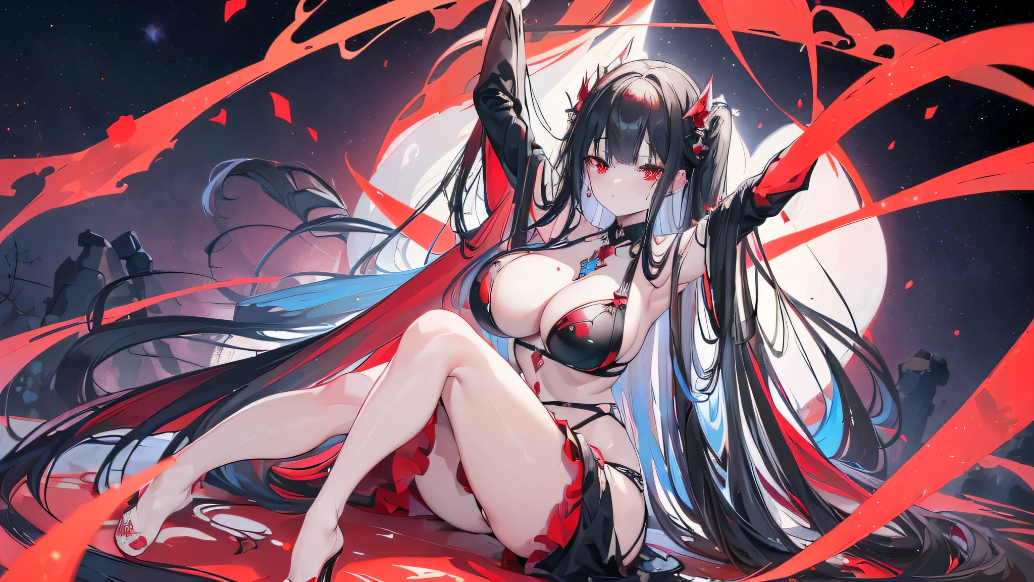 Exquisite eyes),(Clear and beautiful eyes:1.61),masterpiece, ung girl,(Black clothes and some red gems), Black long hair, (She has a huge red gem on her chest), Good Hand,((The Havoc of StarCraft)),full-body shot,Fighting Stance,(Red Eyes:1.466),short and small,(Very big breasts:1.35),(Pretty Face),(full-body shot:1.33),Beautiful hands