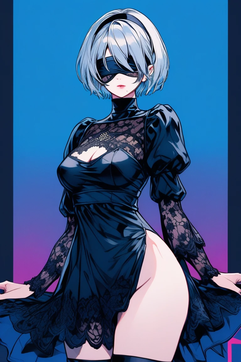 Illustrator, anime , Realistic ,sketch , 1 person, model, (((Portraiture))), lip, Gothic black mini dress with lots of lace and a sheer look.., Lace blindfold, Lace eye cover, Lace Black Blindfold, order, Blue gradient background, Short hair in neon colors, Big Breasts, Sexy look, Sexy pose, Texture Trim, Russia, (masterpiece,Highest quality)