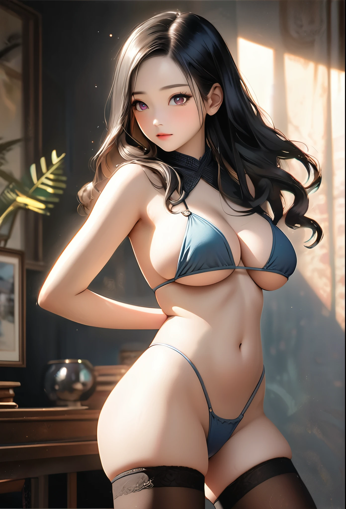 famous vintage 1920s photo, Black background, nezuko Komado, long flowing black hair, pink eyes, huge tits, cleavage, thigh highs, chromatic aberrations, 1920s photo, restored photograph, sepia, historical archive photo, Black background, nezuko Komado, big tits, cleavage, 1920s style micro bikini, chromatic aberrations, anime, masterpiece, fine details, breathtaking artwork, painterly art style, high quality, 8k, very detailed, high resolution, exquisite composition and lighting, pretty anime character, adorable, featured on pixiv, very detailed, absolute masterpiece, sharp, realistic light, pastel, ((highlight)), (soft), (pretty), realistic background, realistic background light, ray-tracing, background, beautiful, (8k), realistic light, realistic light effect, sexy pose, arms behind back, ((sideboob)), ((underboob)), 