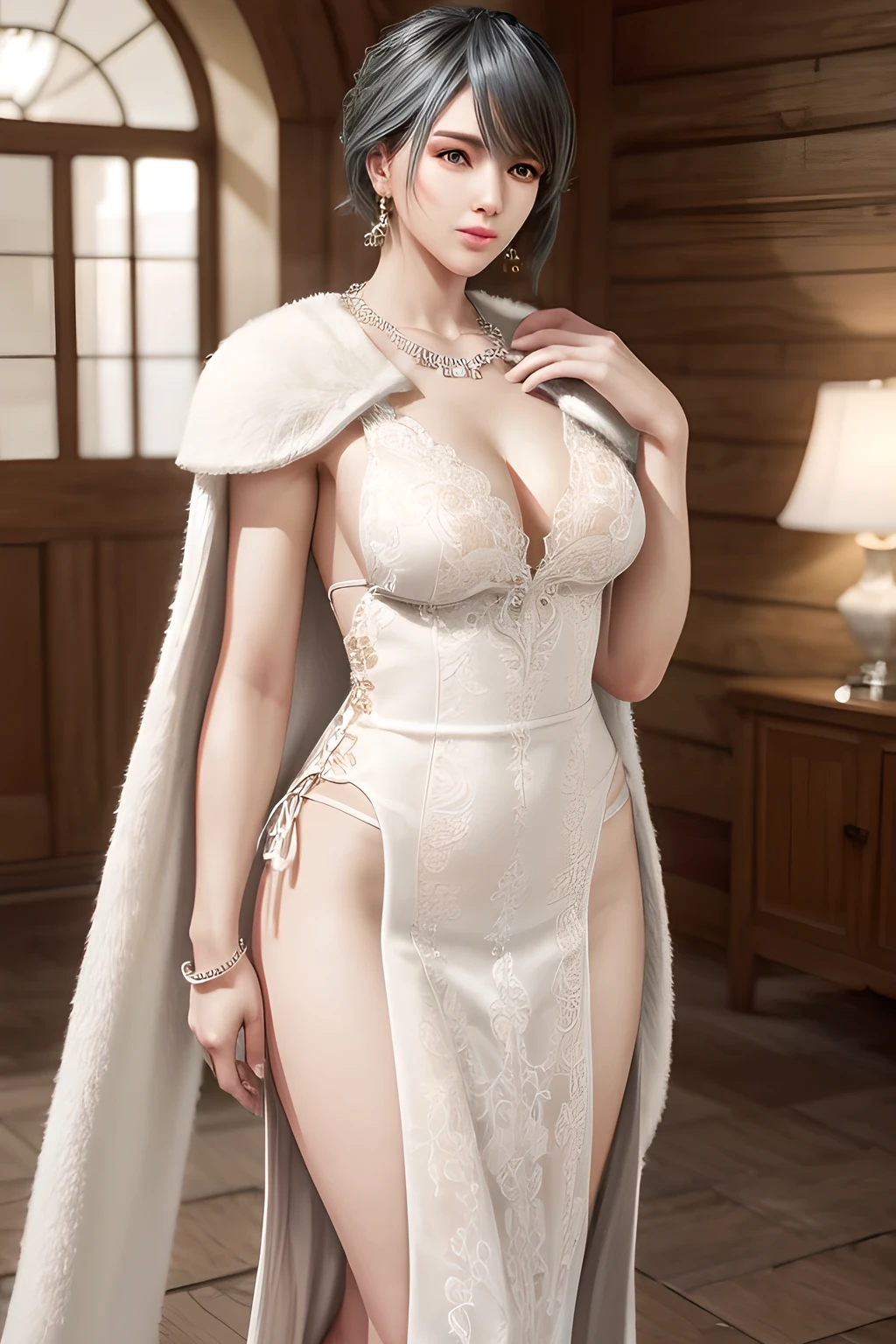 A lady with extraordinary temperament, she stands in a modern indoor space, as if she is a model from a fashion magazine. She is wearing a (pure white long fur cape), the softness and luster of which makes her look more noble under the light, and complements her (beige dress) underneath, showing her gentle temperament while maintaining a sense of fashion. The style of the dress is simple and generous, a perfect match, and it lengthens her figure, making her tall and charming. The lady's makeup is delicate and elegant, which just highlights her facial features and makes people unforgettable at first sight. Although the earrings and necklace she wears are not ostentatious, they add a bit of sophistication and nobility to her overall look. Her hair is casually draped over her shoulders, and every strand of hair exudes a natural luster,, (best quality,8k,highres,masterpiece:1.2),ultra-detailed,(realistic,photorealistic,photo-realistic:1.37),studio lighting,ultra-fine painting,sharp focus,physically-based rendering,extreme detail description,professional,vivid colors