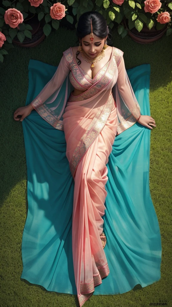Garden scene, top view, A radiant, South Indian 35 year old aunty a rose chiffon saree, sitting the floor on her knees, sucking the dick of a man, a man standing next to her, captured in a full-body image with vibrant hues and meticulous details. Full body image