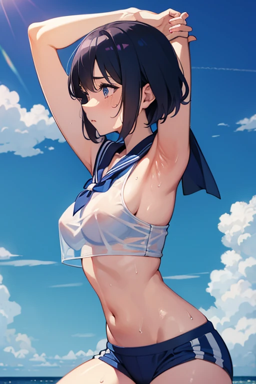 Striped and undressed Sailor Mercury covered in translucent slime and sweat does yoga