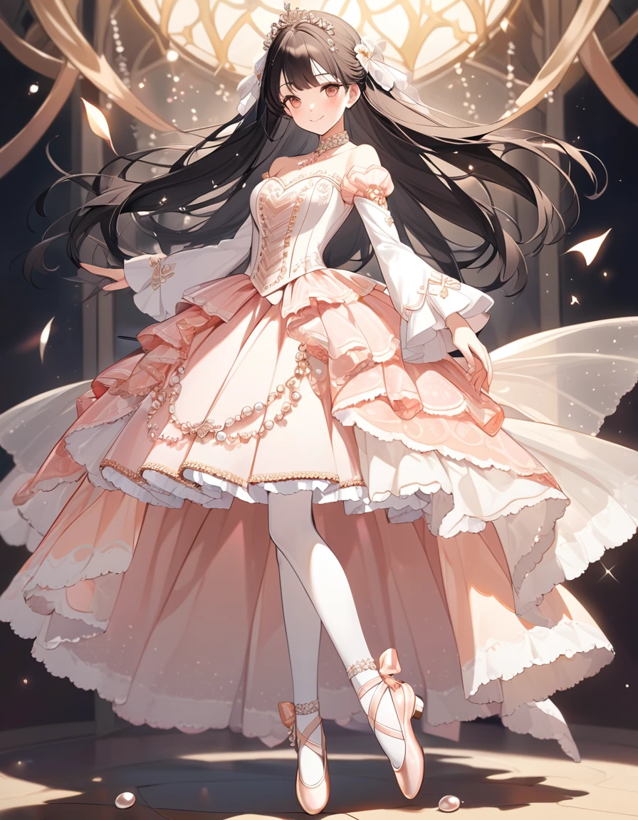 Woman, cute, adorable, full body, full breasts, smiling, straight hair, long hair, black hair, standing,
Graceful Dance Idol-inspired costume, featuring motifs of royal ballet with tutus and pointe shoes, with a color palette of peach and pearl,
costume includes a fitted bodice with delicate lace overlays and pearl embellishments, featuring a classic ballet neckline, sleeves are short and capped, adding elegance,
(off shoulder, fitted long bell sleeve, ruffle trim), (white pantyhose),skirt is a full tutu design, layered with tulle in soft peach tones and edged with shimmering pearl trim, hemline is detailed with embroidered ballet motifs,
Accessories include a pearl tiara and ribbon-tied ballet slippers, completing the graceful and elegant style,