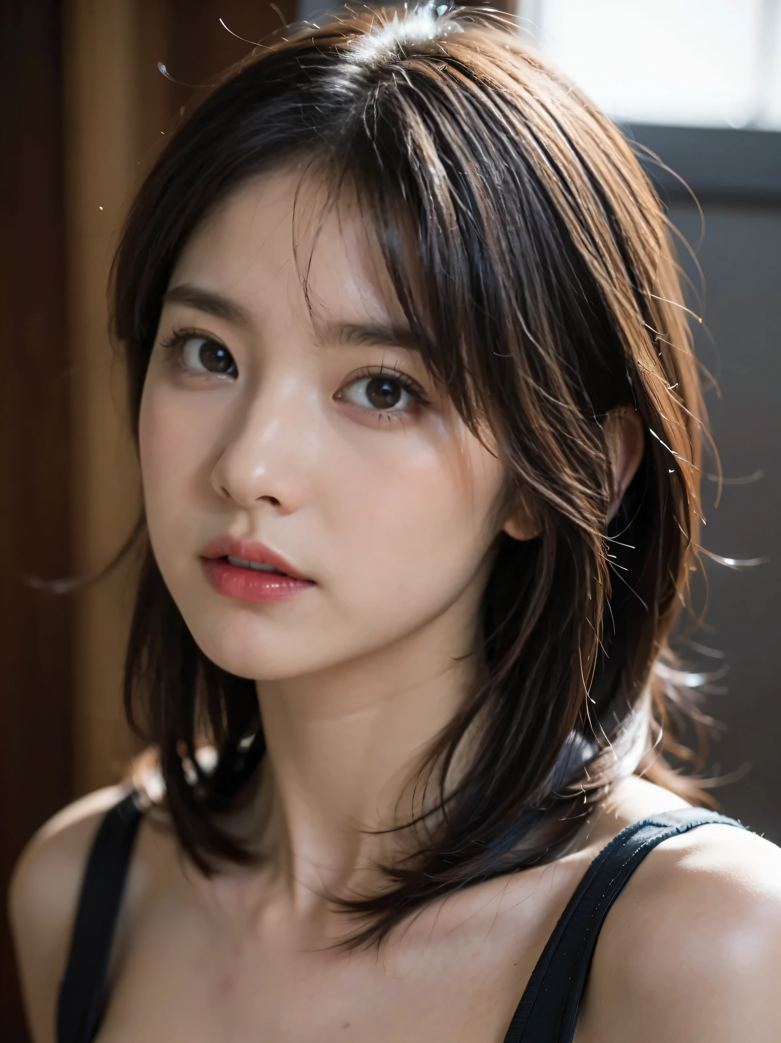 (8ก, Highest quality: 1.2), Very detailed, Complete solution, (Realistic, Realistic photo: 1.37), Portraiture, High resolution RAW color photograph, Professionally arrested, High resolution and beautiful, High resolution, 8ก Image Wallpaper, Amazing details, Large file size, Very detailed美しい, Very detailed face, Finely defined eyes, The skin texture is fine., All features are shown in detail., The outline of the fingers was beautifully drawn.., The nose is precisely shaped., Expressive lips, red lipstick , Perfect Anatomy, The background is not blurred, One Story, (20:1.2), 20th generation, cute, Realistic, （Small breasts：1.7）、Dark eyeshadow、Calm expression、