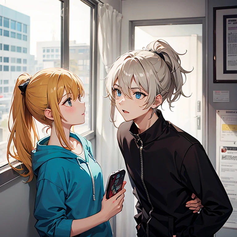 A 16-year-old boy with a ponytail standing next to a girl with blonde hair