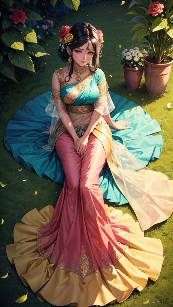 Garden scene, top view, A radiant, South Indian 35 year old aunty a rose chiffon saree, sitting the floor on her knees, sucking the dick of a man, a man standing next to her, captured in a full-body image with vibrant hues and meticulous details. Full body image