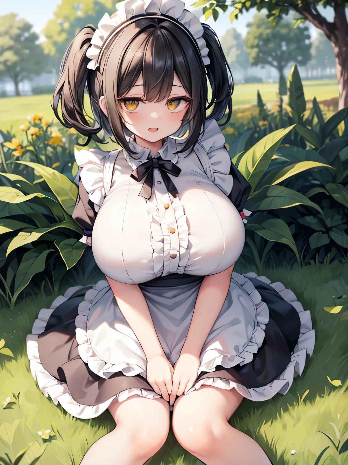 Best Quality,Detailed and cute eyes,Very cute face,(solo ),(gigantic breasts:1.9),(Black Hair,Short Hair,Two Side Up:1.7),(Yellow big eyes,,:1.5),(A very happy smile,Open your mouth wide),View Viewer,BREAK,(Maid clothes,Maid Headdress,Puffy Short Sleeve,Micro Mini Skirt,Frill apron,Frilled High Socks,Maid Cufflinks:1.4),Western-style garden,Hedgerow,,Dynamic Pose,Sitting on the grass,Leaning against a tree trunk