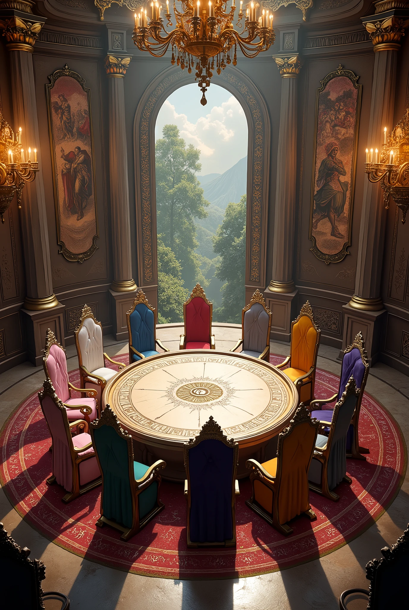 scenery、indoor、Inside the castle、Round Table、Solemn、11 chairs、Round Tableを囲むように椅子を置く、Western、Round Tableの周り全体を囲む、Fantasy、Change the color of each seat back.、White, pink, grey, red, blue, yellow, purple, green, orange, navy blue, and silver respectively.、Round Tableを大きめに、The chair is on the throne、exactly 11 thrones、Landscape screen、exactly 11 thrones、11 thrones
