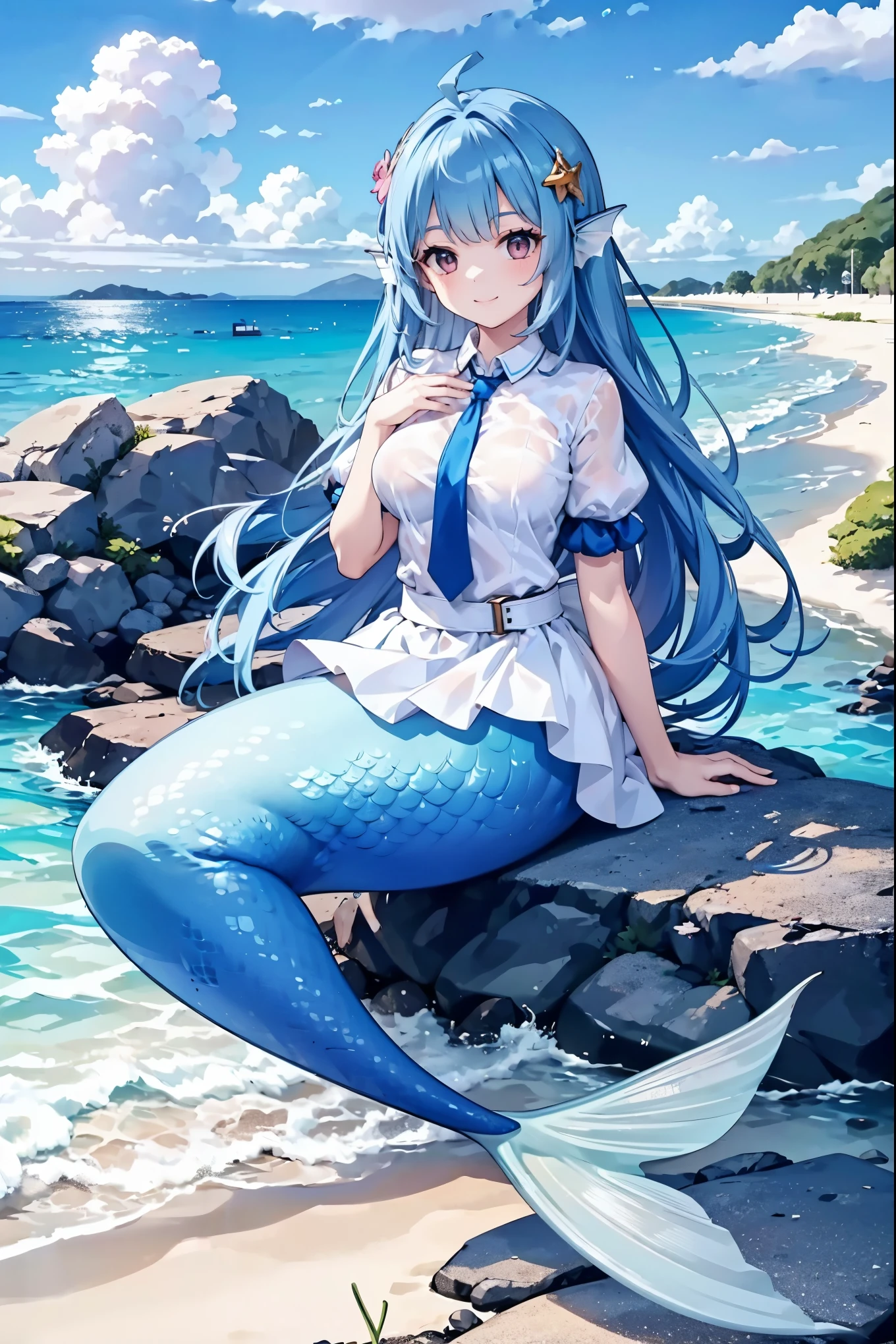 masterpiece, best quality,(Full fingers),1girl,22,ahoge,Hair accessories,Mermaid,Large Breasts,Blue tie,White shirt,Blue Skirt,Blue mermaid tail,Get posed,Sitting,Sea view,full-body shot,Smile