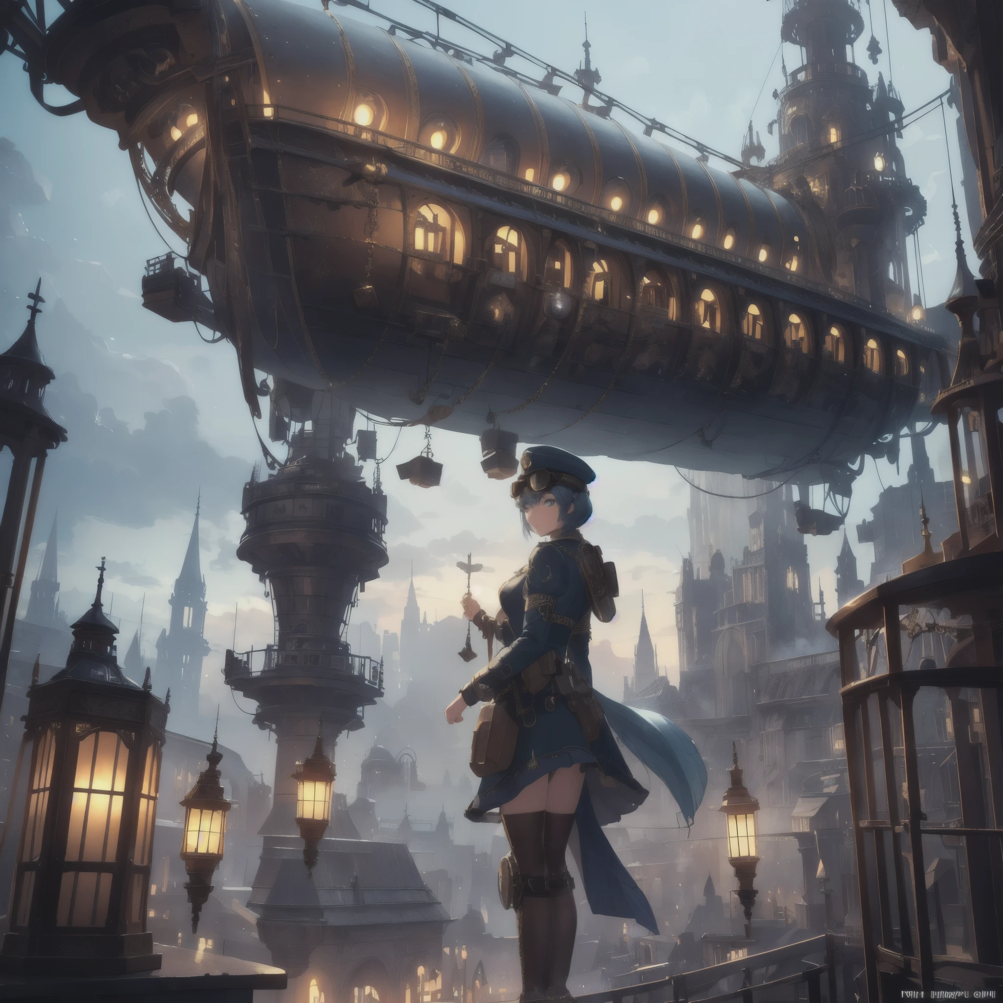 highly detailed, clear, masterpiece, 8K, high resolution, ultra detailed, photorealistic, professional lighting, cinematic lighting, fashion photography, ambient lighting, fantasy, background, floating train, giant airship, surreal, amazing, scene, amazing, complex, huge cityscape, from below, ancient city, atmosphere, ((girl seen from below)), ((full body)), beautifully detailed eyes, beautifully detailed lips, highly detailed eyes and face, long eyelashes, (steampunk outfit), (hat with (goggles)), blue hair, short hair, back view, atmospheric lighting, detailed foliage, vibrant colors, (best quality, 4k, 8k, high resolution, masterpiece: 1.2), ultra detailed, (realistic, photorealistic, photorealistic: 1.37), complex background, dreamy atmosphere, cinematic lighting,