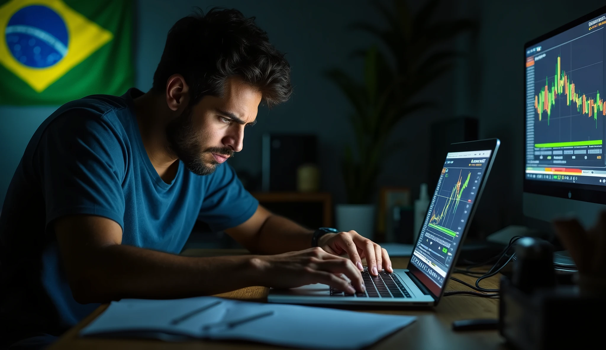 Brazilian man crying sadly looking at Bitcoin on a laptop screen inside a room  