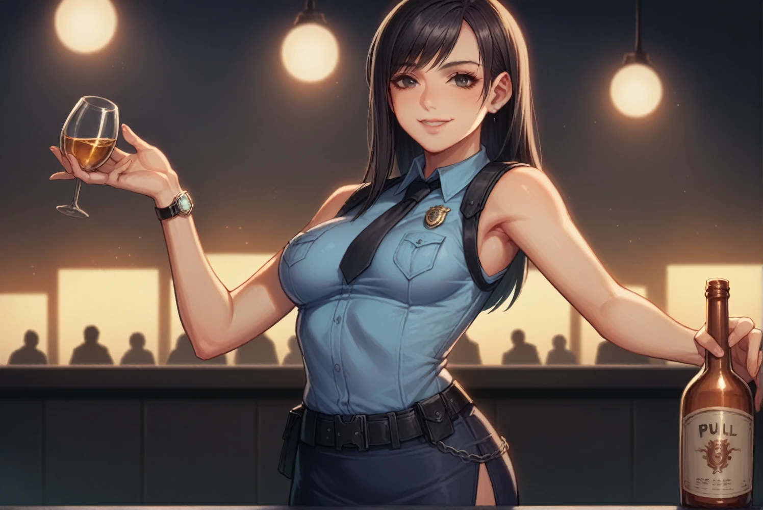 1 person, police, Adult, resident evil style, sexy police officer in uniform, Sleeveless shirt,Ultra mini skirt,belt,watch,slim, evening, Soft Light, Facial details, Drunk, Long black hair, Beautiful Skin, fringe, Pale pink lips, with alcohol in hand, smile, Big black eyes, Looking at the audience, Cowboy Shot,-- realistic style - imagine -
