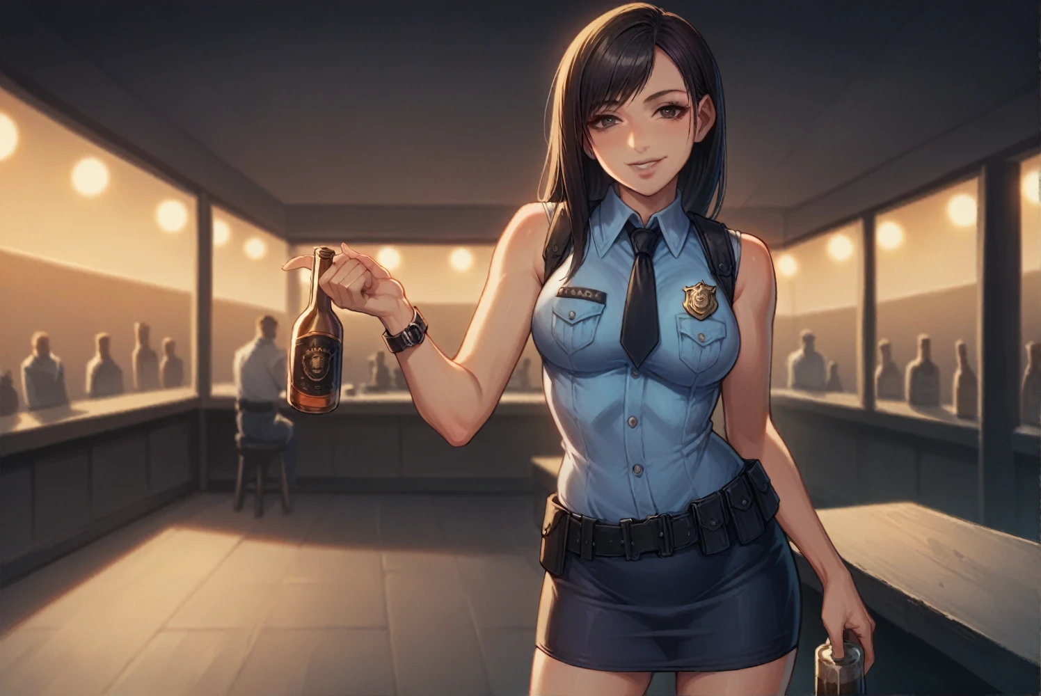  1 person, police, Adult, resident evil style, sexy police officer in uniform, Sleeveless shirt,Ultra mini skirt,belt,watch,slim, evening, Soft Light, Facial details, Drunk, Long black hair, Beautiful Skin, fringe, Pale pink lips, with alcohol in hand, smile, Big black eyes, Looking at the audience, Cowboy Shot,-- realistic style - imagine -    