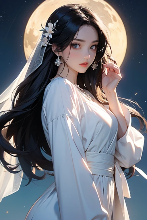 (masterpiece,Highest quality,,8k,High resolution),One female,,Beautiful Face,Beautiful Face,Beautiful eyes,Beautiful lips,,Black Hair,look back,,flower,bird,,moon,Sandy beach with a view of the forest,A bright night with stars visible,jewelry,Holding,Long sleeve,Veil,necklace,Lotus,Long Hair,dress,(whole body),Highly detailed anime art,