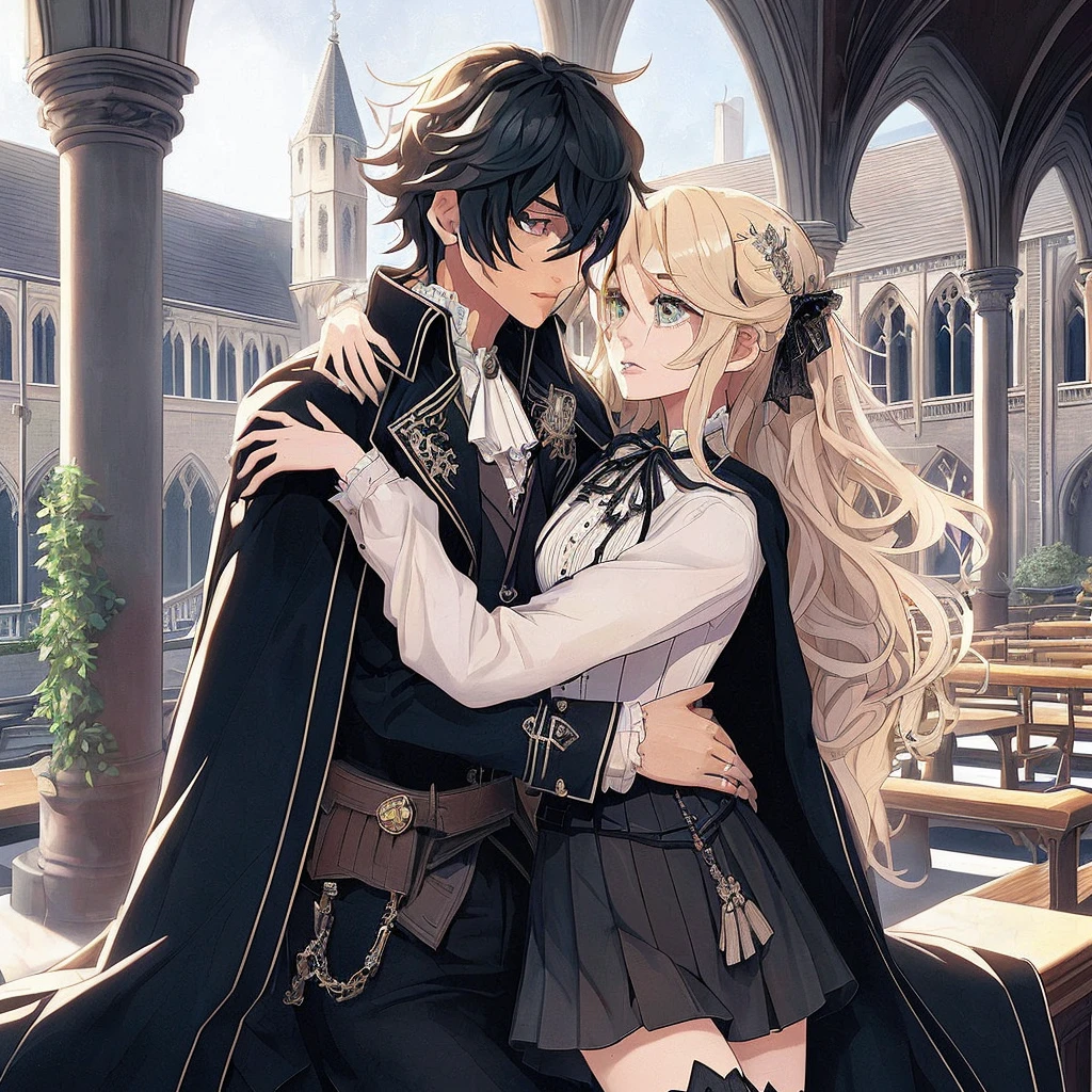 The image shows two animated characters in a close embrace, in a grand hall with gothic architecture. The character on the left wears a black suit with intricate designs and has obscured facial features.. The character on the right has long wavy blonde hair, greeneyes, and he's wearing a white shirt, She's wearing a black corset and skirt. There are stained glass windows and arches that suggest the setting may be inside a cathedral or similar historical building.