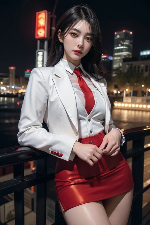 Highest quality,Ultra HD,8k,(Beautiful 25 year old Asian hit woman), (Wolf cut black hair), (White skin), (Serious face), Red skirt suit 1.5, (((Three-piece suit))), (((Dress shirt))), (((tie))), blazer, (((Red suit jacket))), Black shiny lapel, (((Bodycon mini skirt))), Tight Skirt, tights, pantyhose, Cufflinks, (Night city background), View from the front, Well-groomed and beautiful face 1.2, Dynamic pose, Ambient Lighting, Photographic realism, Intricate facial details, Exquisite handcrafted details, Very detailed, Vibrant colors, Cinematic, High resolution, Trending Styles Raw on Artstation, , Excited,