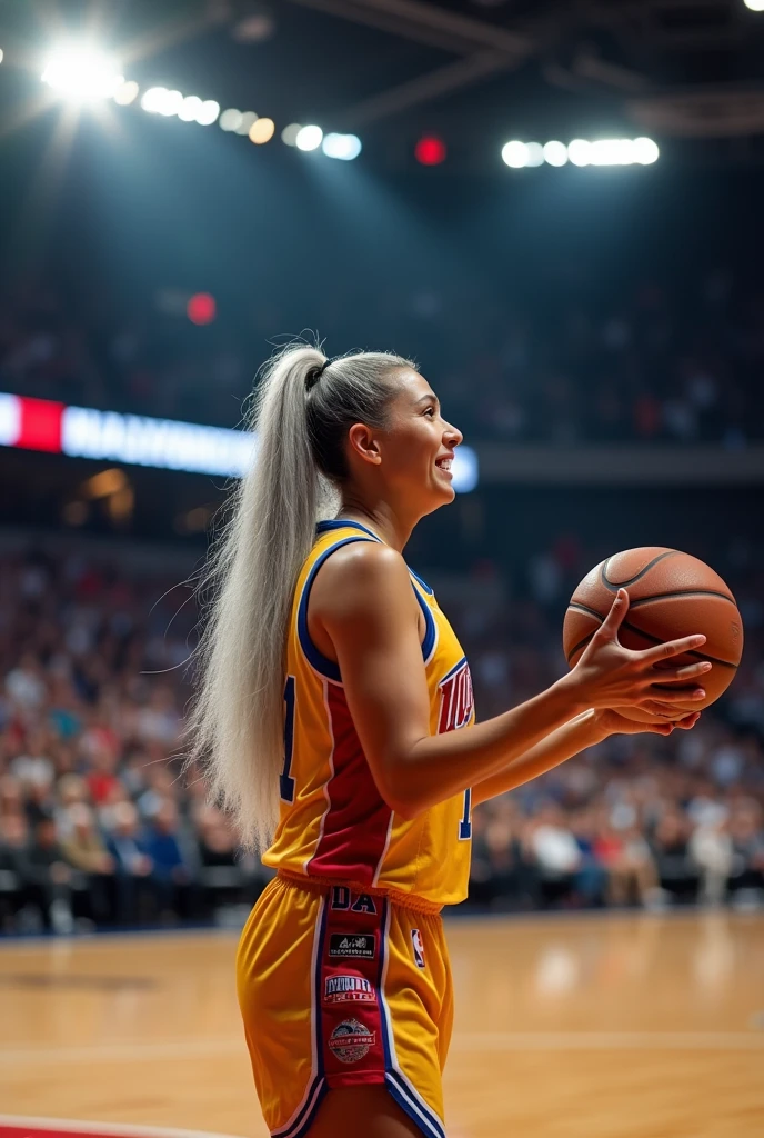 A beautiful youthful looking white Asian women as a 50 years old woman with very long hair completely gray hair in a 90s ponytail as a retired
NBA player wearing her old NBA jersey shooting the ball in the basket in a nba stadium she is smiling for the camera