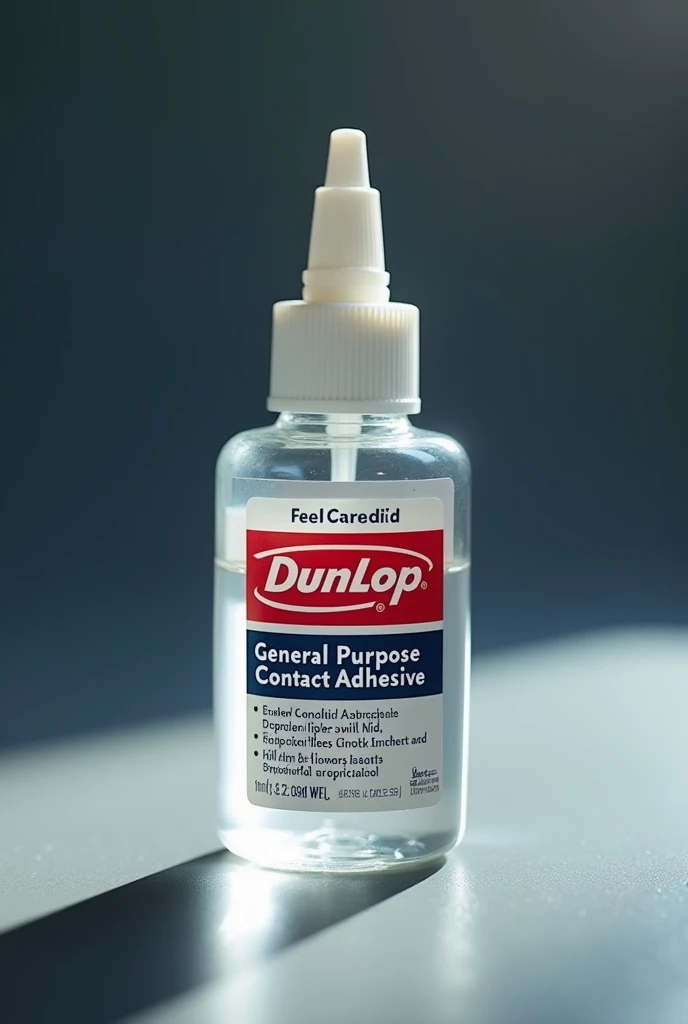 a small clear plastic bottle of Dunlop General Purpose Contact Adhesive, high quality, realistic, detailed, glossy, reflective, studio lighting, close up, sharp focus, photorealistic