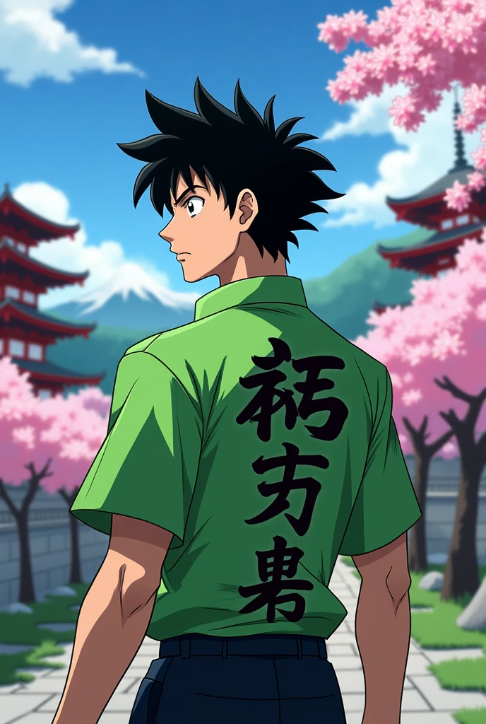 Character Yusuke Urameshi from YuYu Hakusho wearing a shirt with the name "Yusuke" written on the back of the shirt, and with Japanese style background