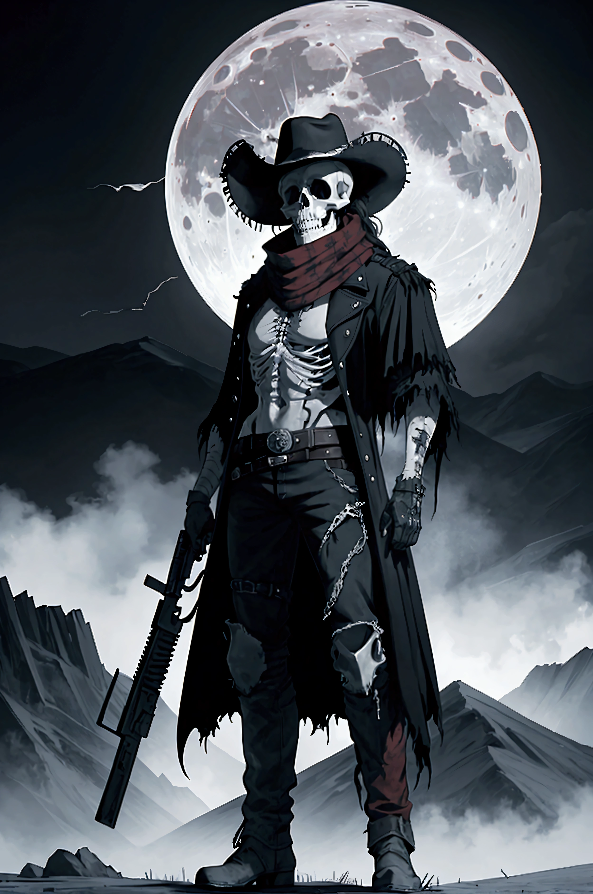 Depict a skeletal gunslinger standing tall in a desolate, apocalyptic landscape. The figure wears a weathered, wide-brimmed cowboy hat, with tattered, dark clothing that appears decayed and worn. His skull, devoid of flesh, grins menacingly with exposed teeth. His right hand holds a raised revolver, pointing toward the sky, while his chest bears a sheriff's badge. A vibrant red scarf wraps around his neck, dramatically flowing in the wind, offering a striking contrast to the otherwise monochromatic palette of black, white, and gray. The background features rough, jagged mountains and swirling chaotic clouds, with a small, ominous black cloud near the horizon, encircling a strange, dark sun or moon. The overall tone should be grim and foreboding, with a blend of gothic horror and Western motifs.