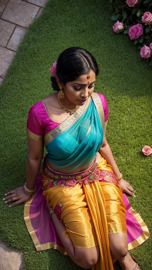 Garden scene, top view, A radiant, South Indian 35 year old aunty a rose chiffon saree, sitting the floor on her knees, sucking the dick of a man, a man standing next to her, captured in a full-body image with vibrant hues and meticulous details. Full body image