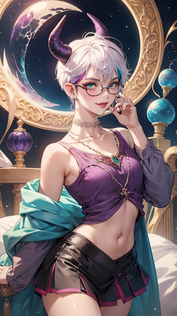 8k, masterpiece, best quality, highly detailed, 1 girl, tiefling, warlock, pixie cut, multicolored hair, very short straight hair red highlight hair on white hair, strippled hair, wearing glasses, round glasses, earrings, navel piercing, red eyeshadow, long eyelashes, blushed cheek, red lips, pearl necklace, rings, collarbone, mole on face, glamorous, teal and purple clothes, sleeveless, miniskirt, smirk, hand point toward viewer, close up view, rings, looking at viewer, demon horns, solo, starry sky, plae blue moon, standing, chains on the background.