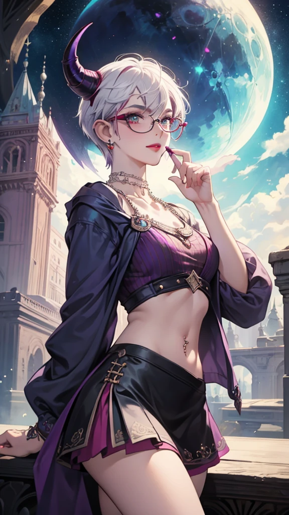 8k, masterpiece, best quality, highly detailed, 1 girl, tiefling, warlock, pixie cut, multicolored hair, very short straight hair red highlight hair on white hair, strippled hair, wearing glasses, round glasses, earrings, navel piercing, red eyeshadow, long eyelashes, blushed cheek, red lips, pearl necklace, rings, collarbone, mole on face, glamorous, teal and purple clothes, sleeveless, miniskirt, smirk, hand point toward viewer, close up view, rings, looking at viewer, demon horns, solo, starry sky, plae blue moon, standing, chains on the background.