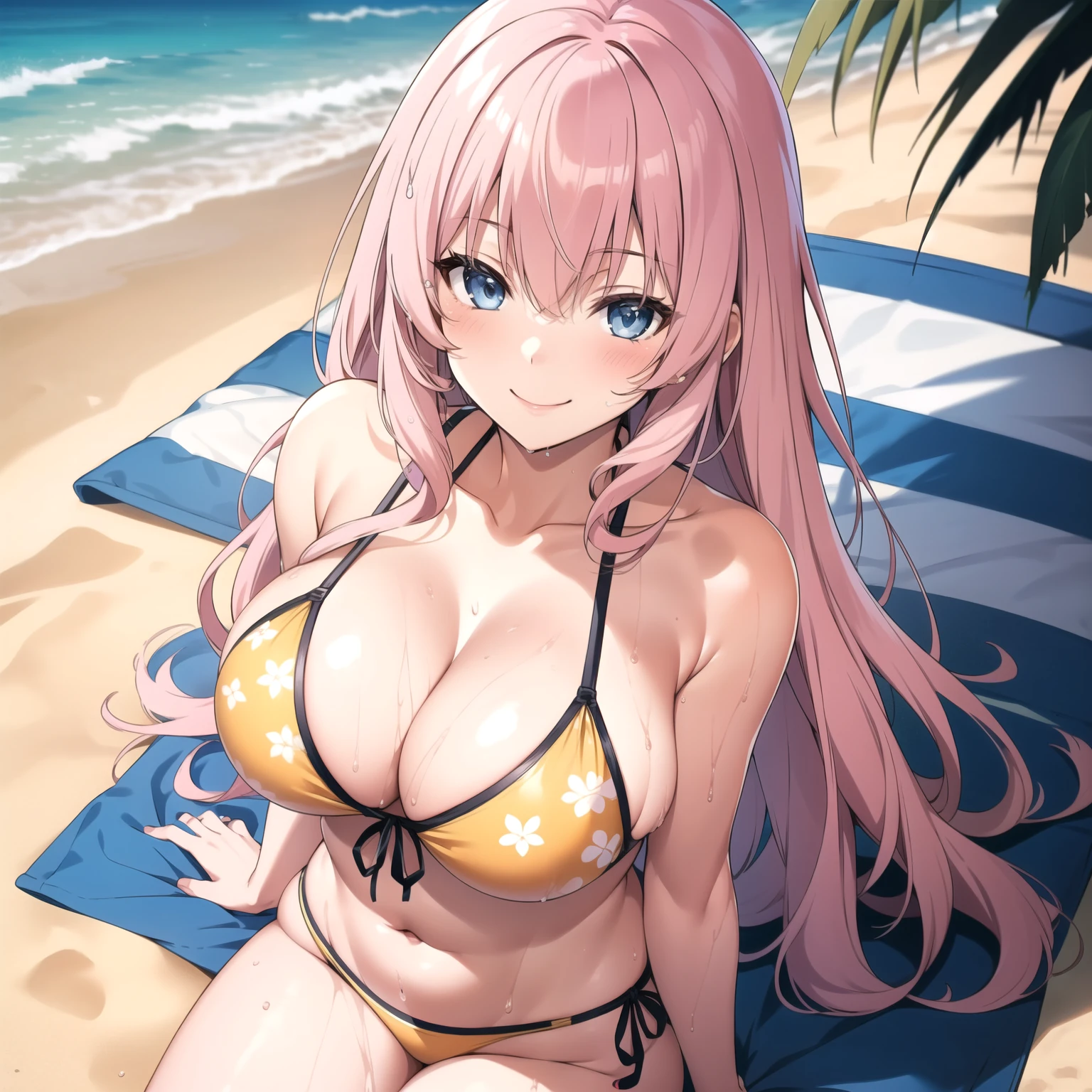 Honami Ichinose, Woman 25 years old, bright pink hair, bright blue eyes, smile, blush, large breasts yellow floral bikini , background a sunny beach, wet body.