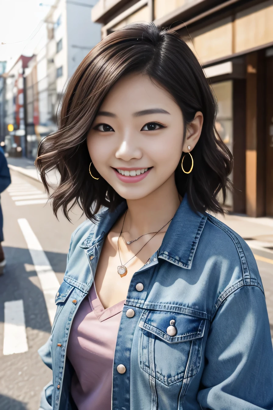 Super Resolution、Beautiful Japanese Women、、short hair、、Wavy Hair、、ear piercing、necklace、Denim jacket、shirt、smile、Beautiful teeth alignment、The background is the street, task progress 70%%