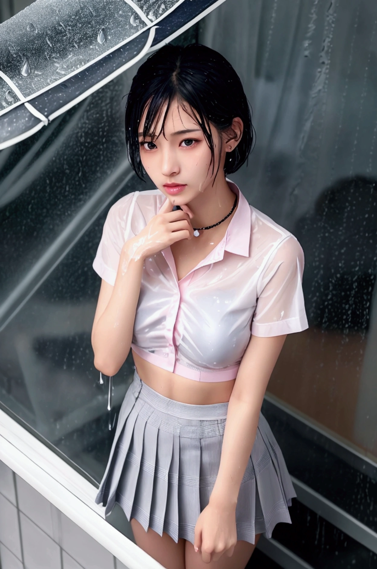 (8k, Photorealistic, Raw photo, Highest quality: 1.4),Japanese idol-style beautiful girl,1 person,(Short Bob),(Black),She has her hair tucked behind her ears,(Raindrops dripping from hair: 1.1),Clear grey eyes,Eyes moist,Long eyelashes,(piercings(small)),(Lip gloss),lips(Plump,glossy),Skin that is as white and smooth as translucent porcelain,Thin and delicate shoulders,thin abdomen,(Open-collar shirt(White,Short sleeve)),(bra(Pink)),(Pleated skirt(Plaid)),(socks(Dark Navy)),(loafers(Black)),summer,On the way home from school,(It is raining heavily all of a sudden),(Taking shelter under the awning of a cafe),(Soaked from head to toe),(Shirt wet and clinging to skin, translucent),(Raindrops are dripping down her chest.),(She is getting soaked in the rain.),(She is standing with her feet together.),(She looks out at the rainy street),(A cafe window as a backdrop),(Front view),(Snapshot of West Up)
