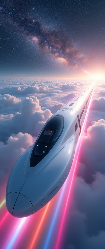 A train-shaped spaceship heads towards the galaxy,(Interstellar Railroad),A train appears from inside the clouds,The train is floating in the air.,(The train runs over the rainbow-colored laser guidance lights.:2.0),sf,(A white, streamlined aircraft reminiscent of a Shinkansen bullet train, with a futuristic design.:2.0),(The background is the universe and the Milky Way:1.6),masterpiece,Highest quality,Ultra-high resolution,(Super detailed),8k,Realistic,DSLR Canon style,(dynamic,Big impact,Shooting from below:1.2)