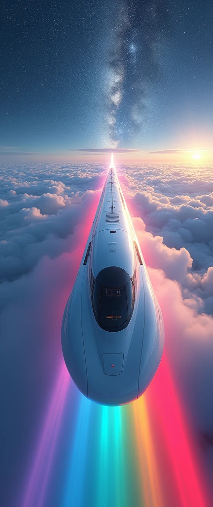 A train-shaped spaceship heads towards the galaxy,(Interstellar Railroad),A train appears from inside the clouds,The train is floating in the air.,(The train runs over the rainbow-colored laser guidance lights.:2.0),sf,(A white, streamlined aircraft reminiscent of a Shinkansen bullet train, with a futuristic design.:2.0),(The background is the universe and the Milky Way:1.6),masterpiece,Highest quality,Ultra-high resolution,(Super detailed),8k,Realistic,DSLR Canon style,(dynamic,Big impact,Shooting from below:1.2)