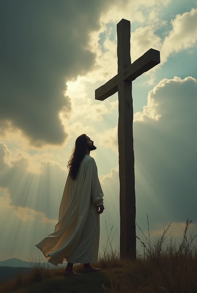 Jesus Christ looking at the cross
Cloudy day