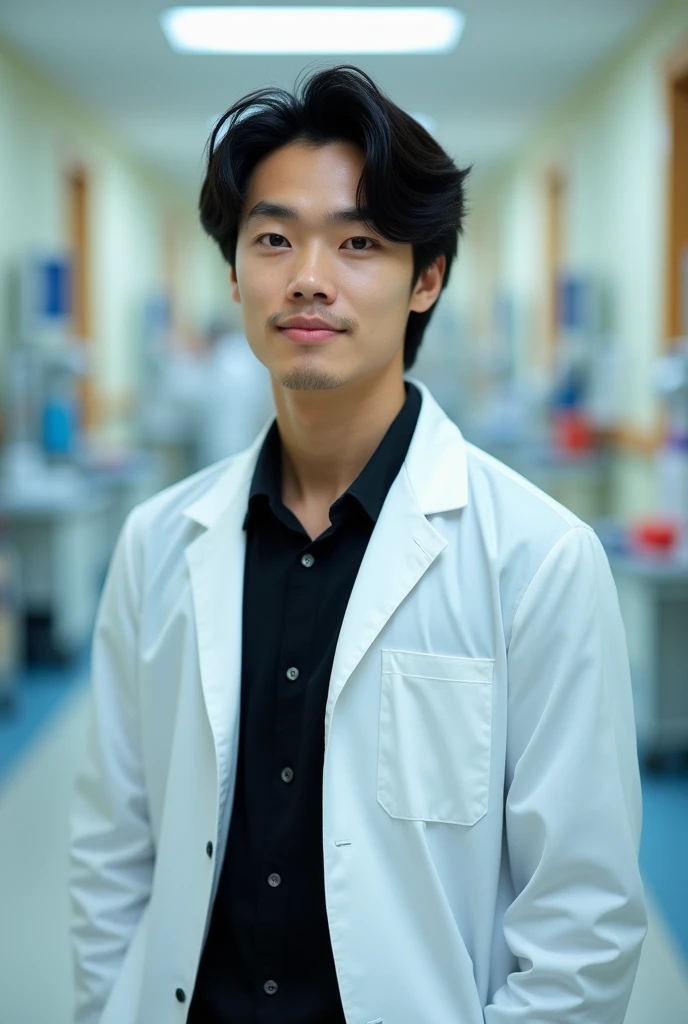 male 25 years old. black and wavy hair. Round face, Defined chin and upturned nose. Black and slanted eyes. Formal black clothes and a doctor's coat.