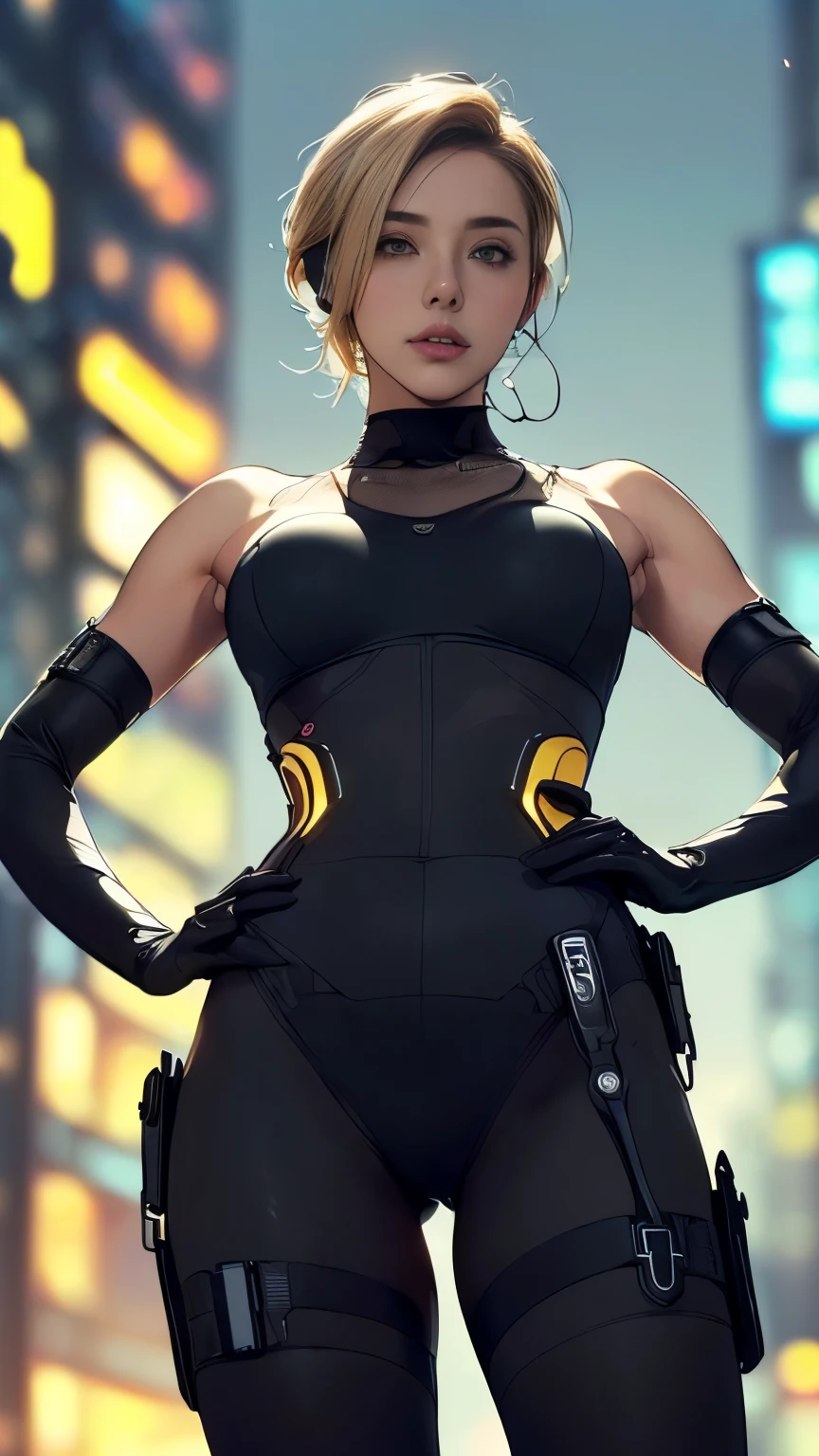 (A woman),(((Future female police officer standing))),((Black Tactical Tights:1.5)),((Camel toe:1.5)),((earphone:1.5)),((Tactical Holster:1.5)),(Gloves:1.5),(((Hands on hips:1.5))),(front:1.5),(From below:1.2),(Super short hair:1.5),(Blonde:1.5),(beautiful eyes:1.3),(Very detailedな顔:1.5),((Very detailedな女性の手の描画:1.5)),((muscular:1.5)),(Sexy look:1.5),((Thick thighs:1.5)),(Beautiful Body:1.5),((Very sensual:1.5)),(The backdrop is a futuristic city:1.5),(Cyberpunk atmosphere:1.5),(((Blurred background:1.5))),(Written border depth:1.5),rest(((masterpiece:1.5),(best quality:1.5),(Very detailed:1.5),(high resolution:1.5),(Practical:1.5),(Practical:1.5),(Delicate depiction),(carefully drawn))),8K,wallpaper